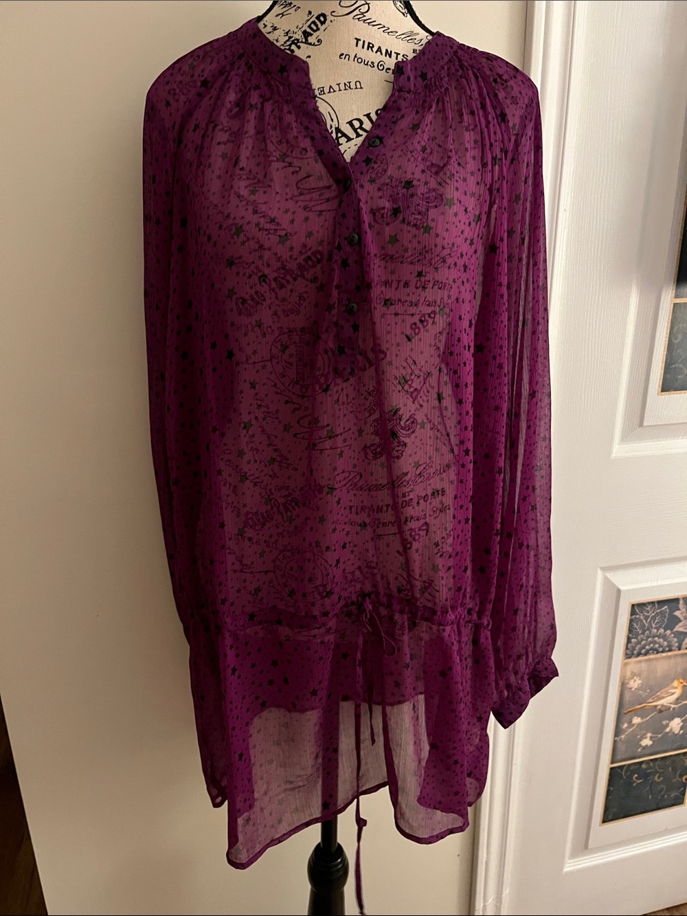 Semi-Sheer Plum Boho Tunic Top with Drawstring Waist